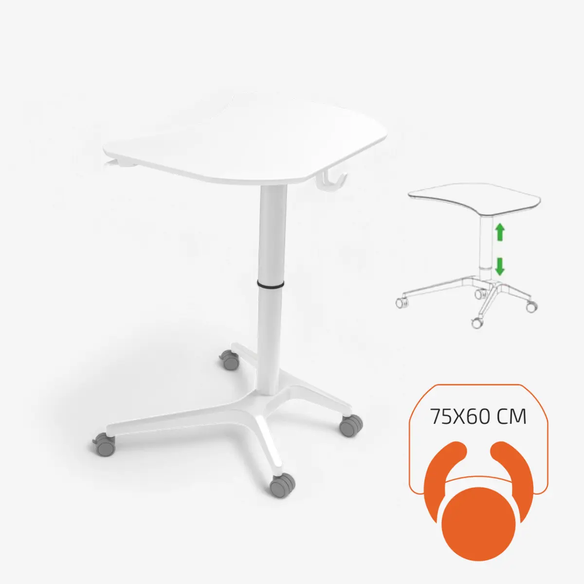 Höhenverstellbarer Schultisch | Gasdruckfeder 73-102 cm - TÜV-geprüft EN 527-2 - MDF E-0 Platte 124,9x58,9 cm - 4 Rollen (2 bremsbar)